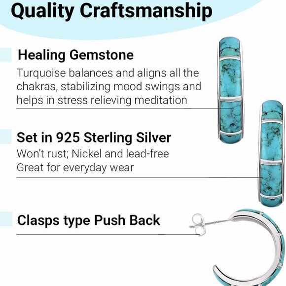 Sterling Silver Turquoise Hoop Earrings Women Gift Jewelry Wedding Anniversary - Picture 5 of 6